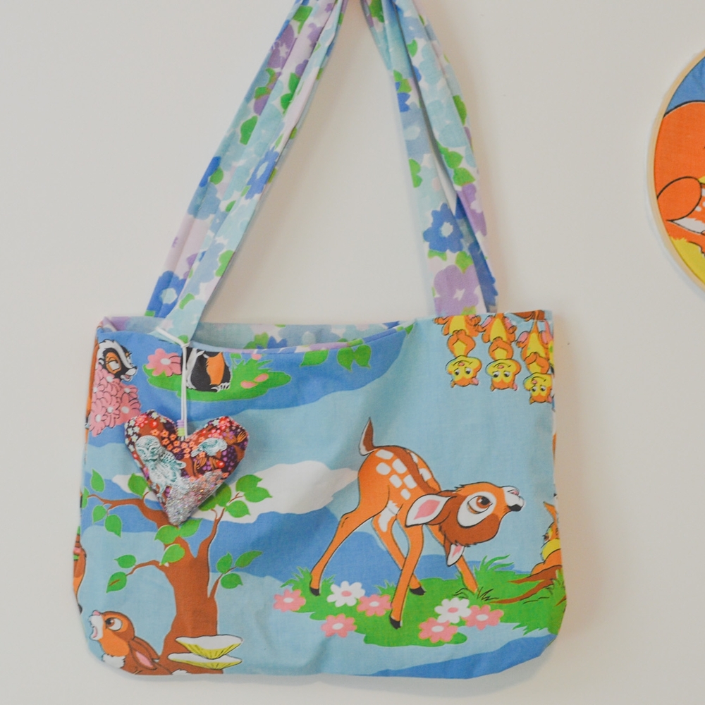 Kids Floral Bambi Print Tote Bag - Blue and Green